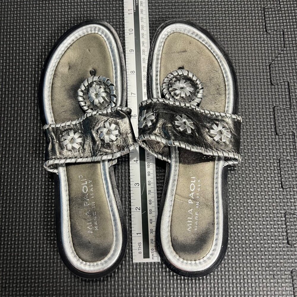 Mila Paoli Womens Silver Leather Slide Sandals With Floral Details Made In Italy - Picture 3 of 5